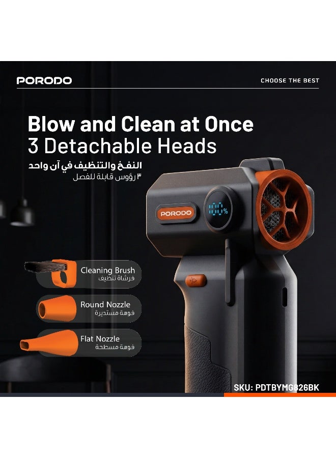 بورودو منفضة هواء توربو لاسلكية مع ضوء عمل LED / منفاخ هواء يعمل لمدة 30 دقيقة / تدفق هواء بثلاث سرعات / منفاخ غبار قابل لإعادة الشحن ومحمول / قوي مع مستوى ضوضاء منخفض - أسود - Image 4